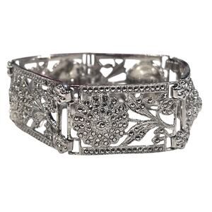 Victorian Style Sterling Silver Floral Flower Panel Bracelet Marcasite 7.25 Inch